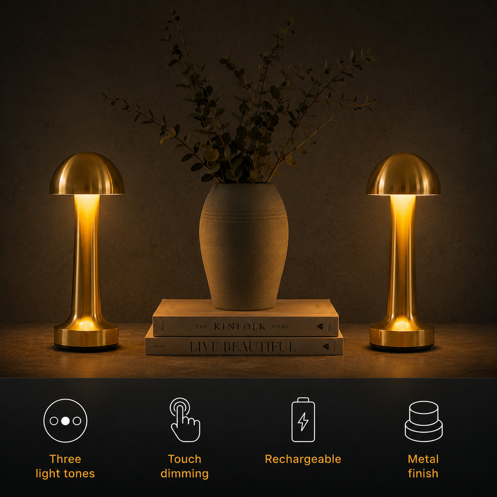 Two gold dome table lamp units glowing beside a vase and stacked books.