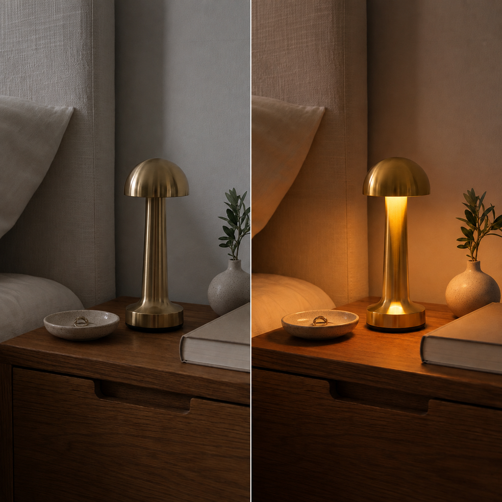 Gold dome table lamp shown in two side-by-side bedside scenes.