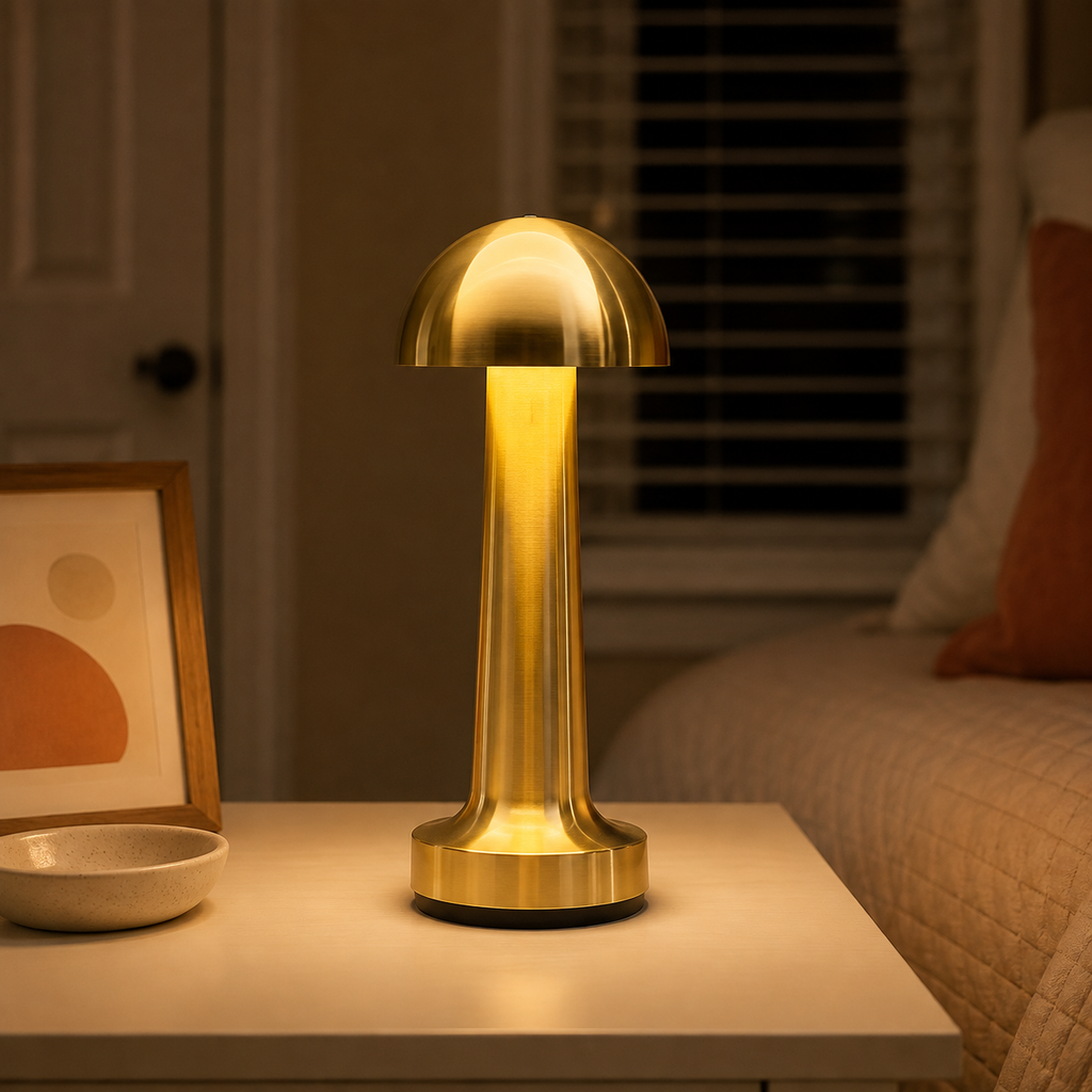 Gold dome table lamp glowing on a bedside table in a softly lit bedroom.
