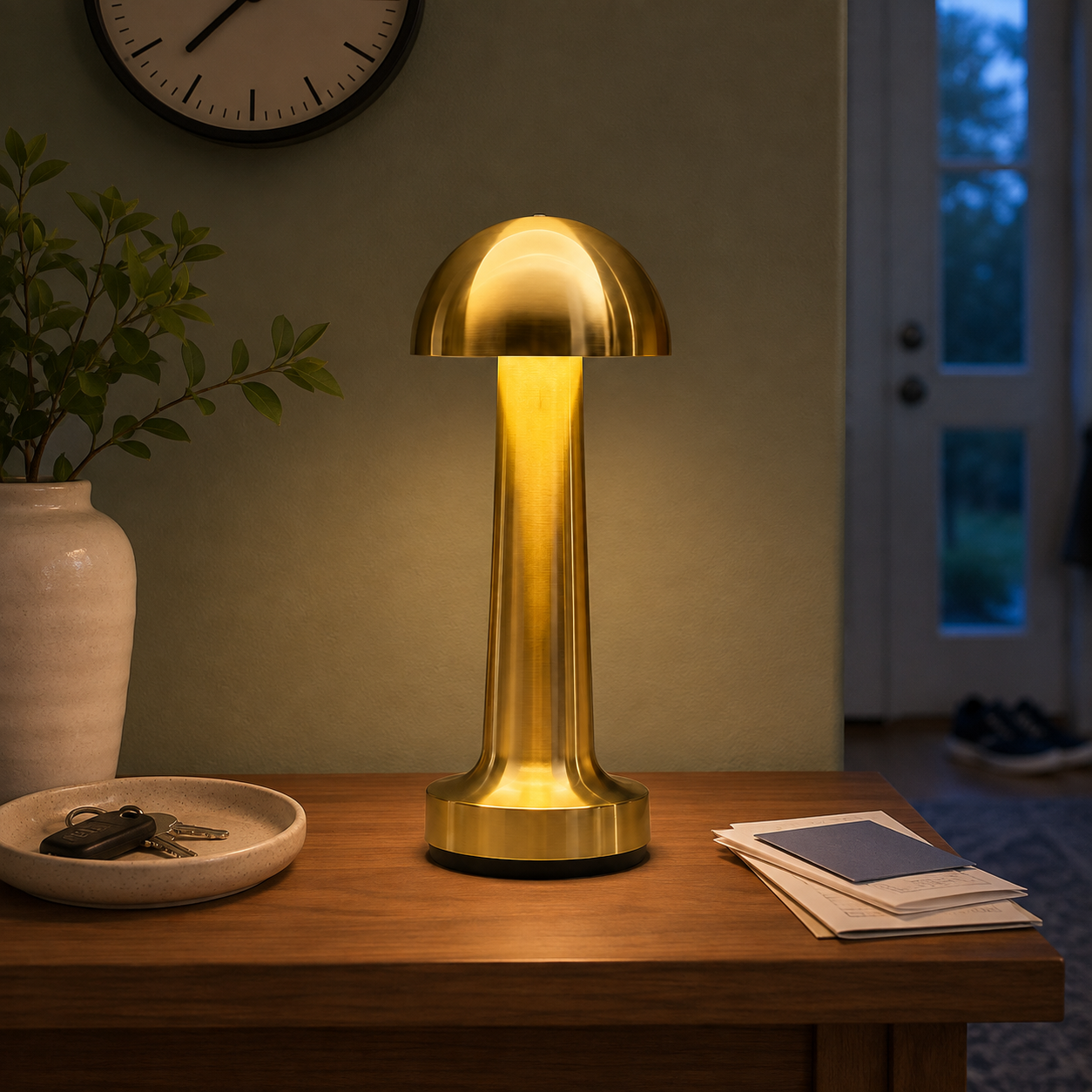 Gold dome table lamp glowing on a wooden desk beside a plant, dish, and books.