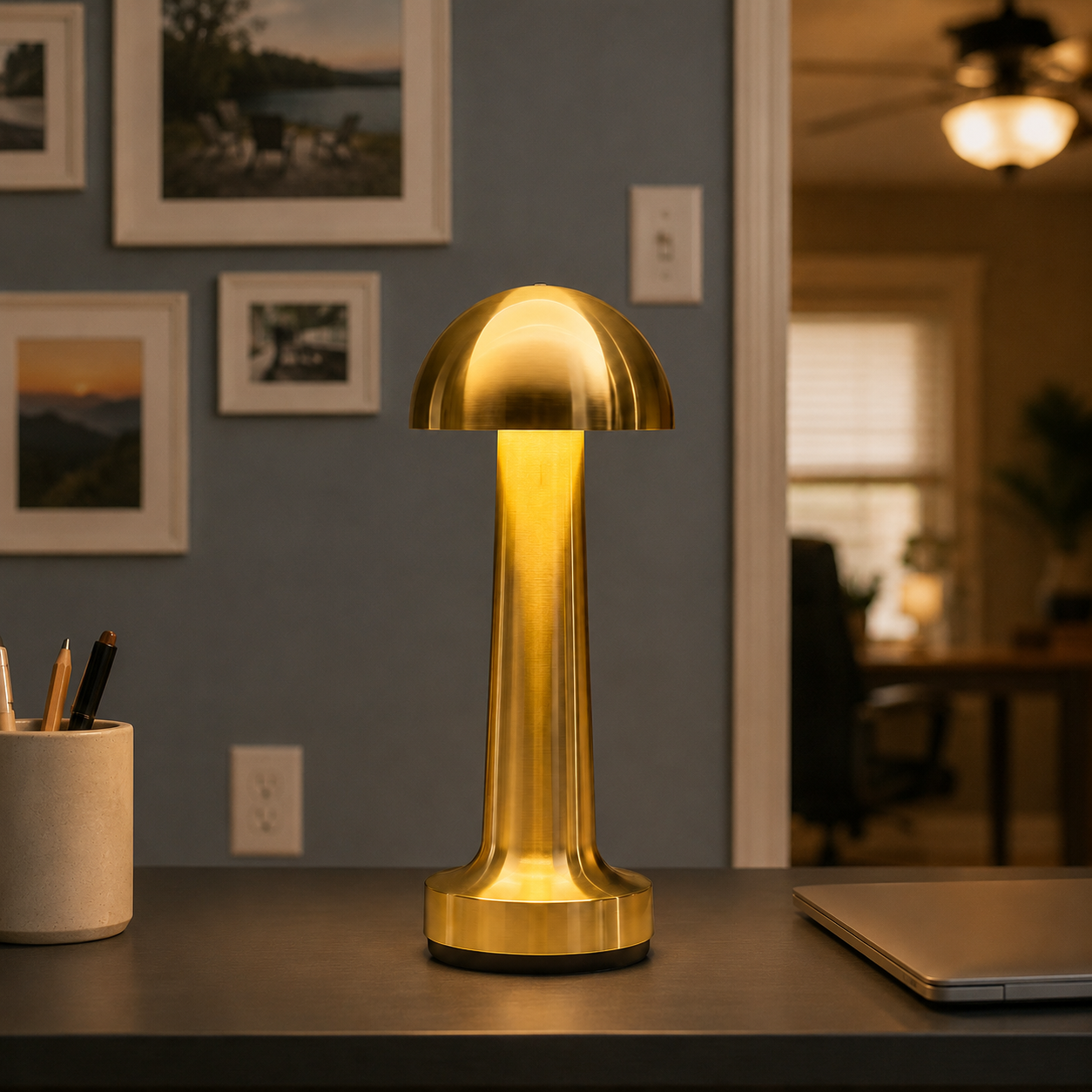 Gold dome table lamp glowing on a desk in a framed living room setting.