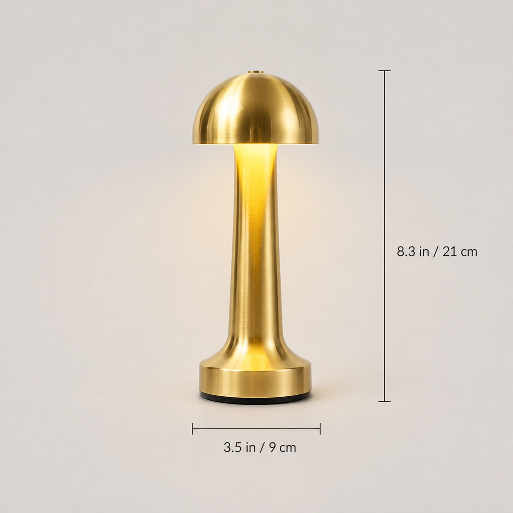 Gold dome table lamp shown with height and base measurement lines.