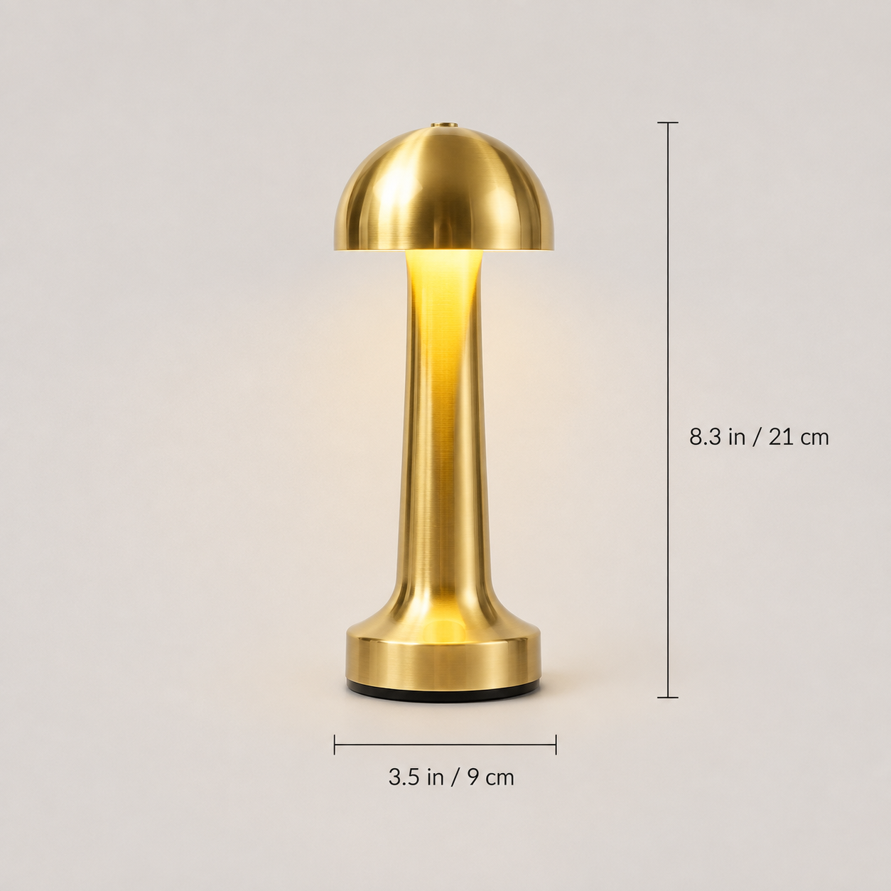 Gold dome table lamp shown with height and base measurement lines.