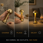 Gold dome table lamp shown across three panels with hands lifting and adjusting it.