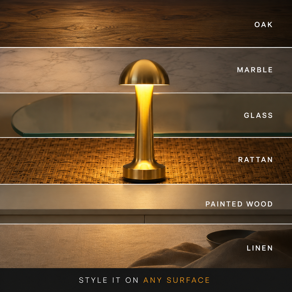 Gold dome table lamp centered across four horizontal lighting scenes.