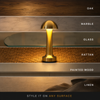 Gold dome table lamp centered across four horizontal lighting scenes.