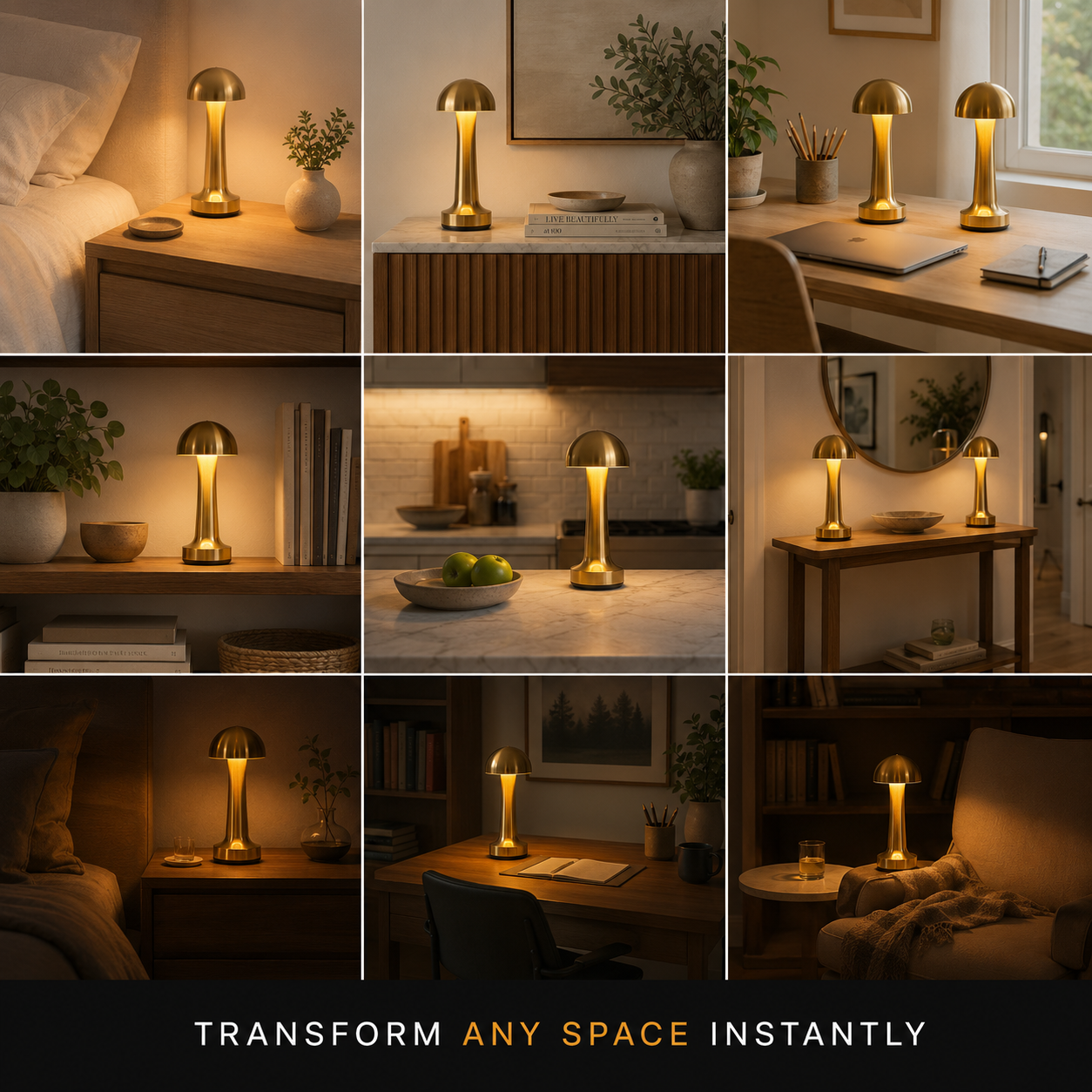 Gold dome table lamp displayed in a grid of nine different room settings.