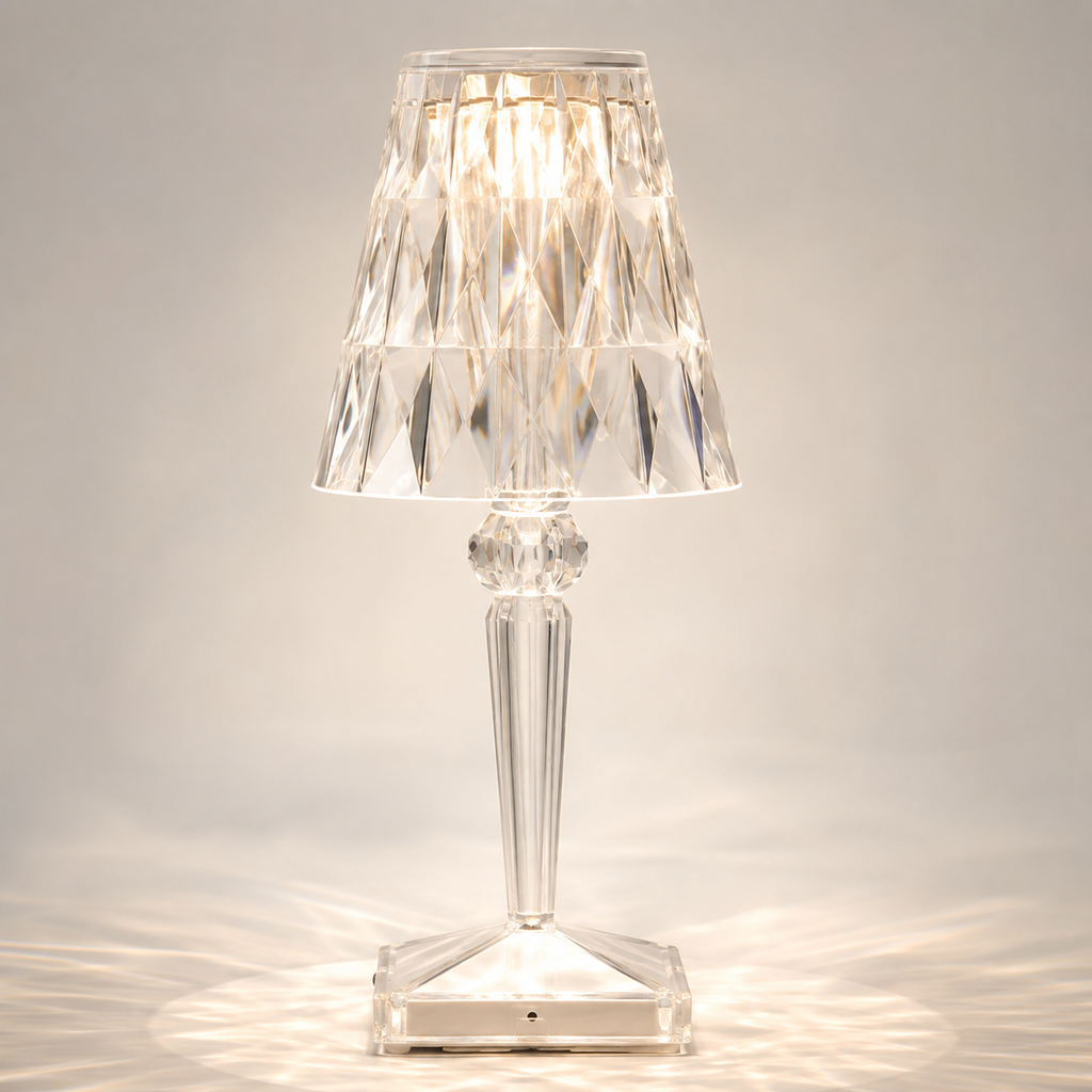 Transparent faceted table lamp glowing on a light studio background with warm reflections around the square base.
