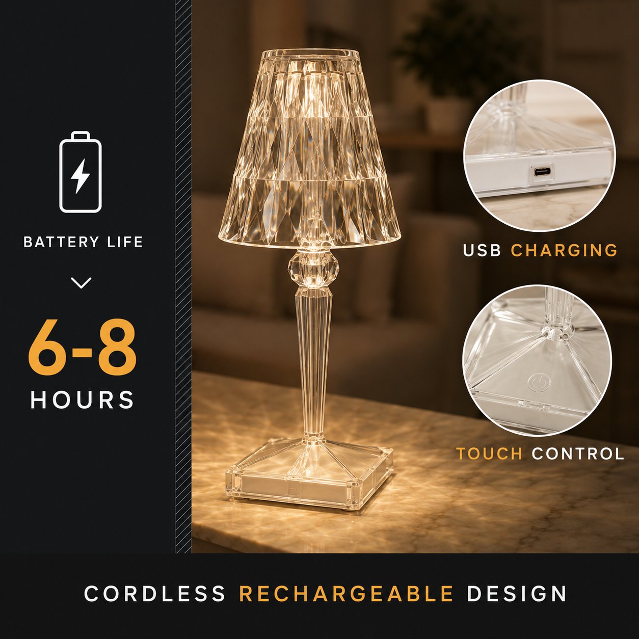 Table lamp infographic with a battery symbol, 6–8 hour text, and close-ups of the charging port and faceted surface.