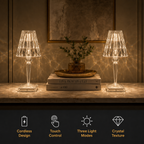 Two glowing table lamp units flank stacked books and a plant, with four small feature icons along the bottom.