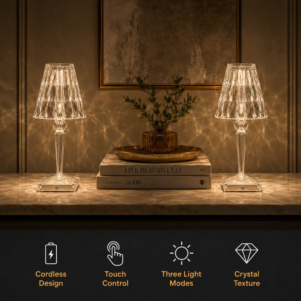 Two glowing table lamp units flank stacked books and a plant, with four small feature icons along the bottom.