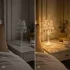 Split bedside comparison showing the table lamp switched off on the left and glowing warmly on the right.