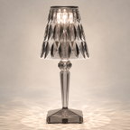 Gray transparent table lamp with a faceted shade and square base on a light background.