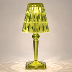 Green transparent table lamp with a faceted shade and square base on a light background.