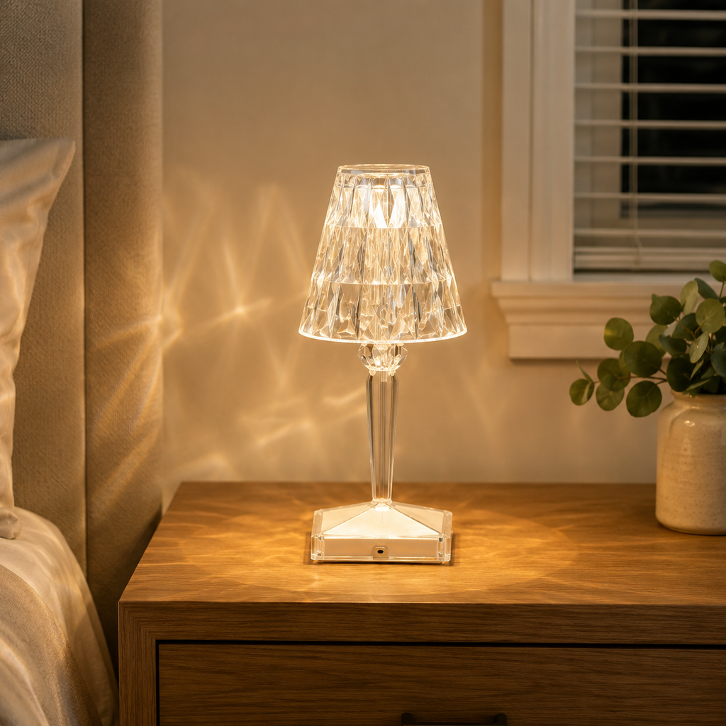 Glowing table lamp on a wooden nightstand beside a bed, casting patterned light across the wall and tabletop.