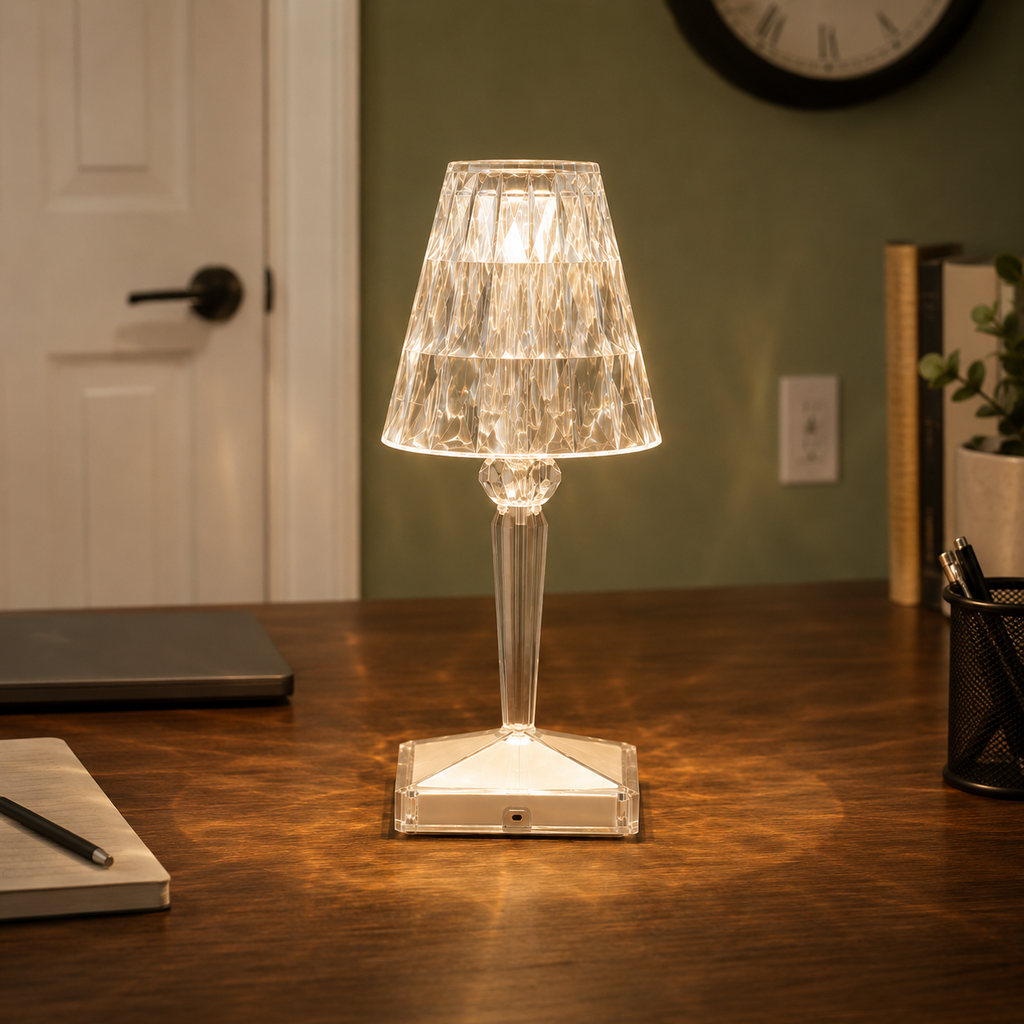 Table lamp glowing on a wooden console near a doorway, with a clock and small decor visible in the room.
