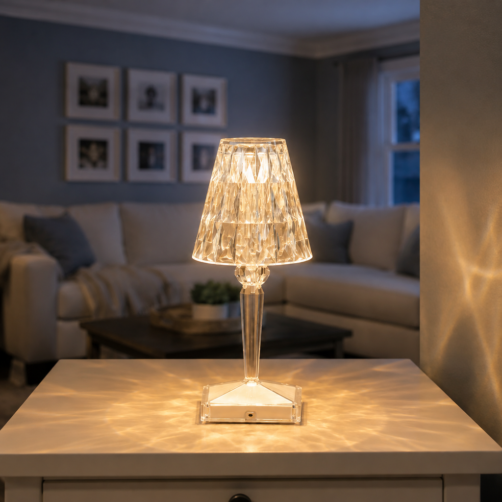 Warm table lamp centered on a living room coffee table with a sofa and framed wall art in the background.