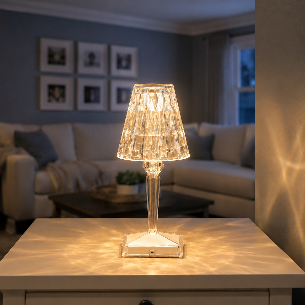 Warm table lamp centered on a living room coffee table with a sofa and framed wall art in the background.
