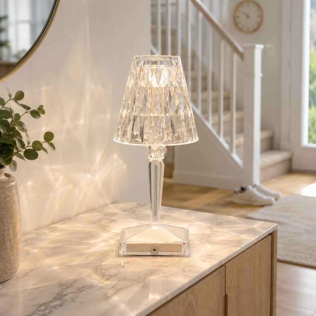 Glowing table lamp on a bright kitchen counter beside a staircase, casting patterned light on nearby surfaces.