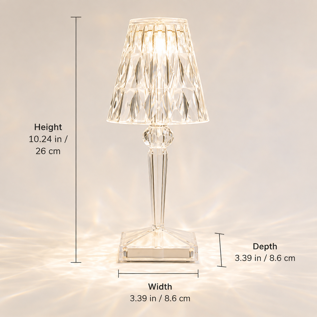 Table lamp dimensions graphic showing labeled height, width, and base depth around the product.