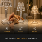 Three-panel table lamp graphic showing a hand touching the base and different illuminated appearances.