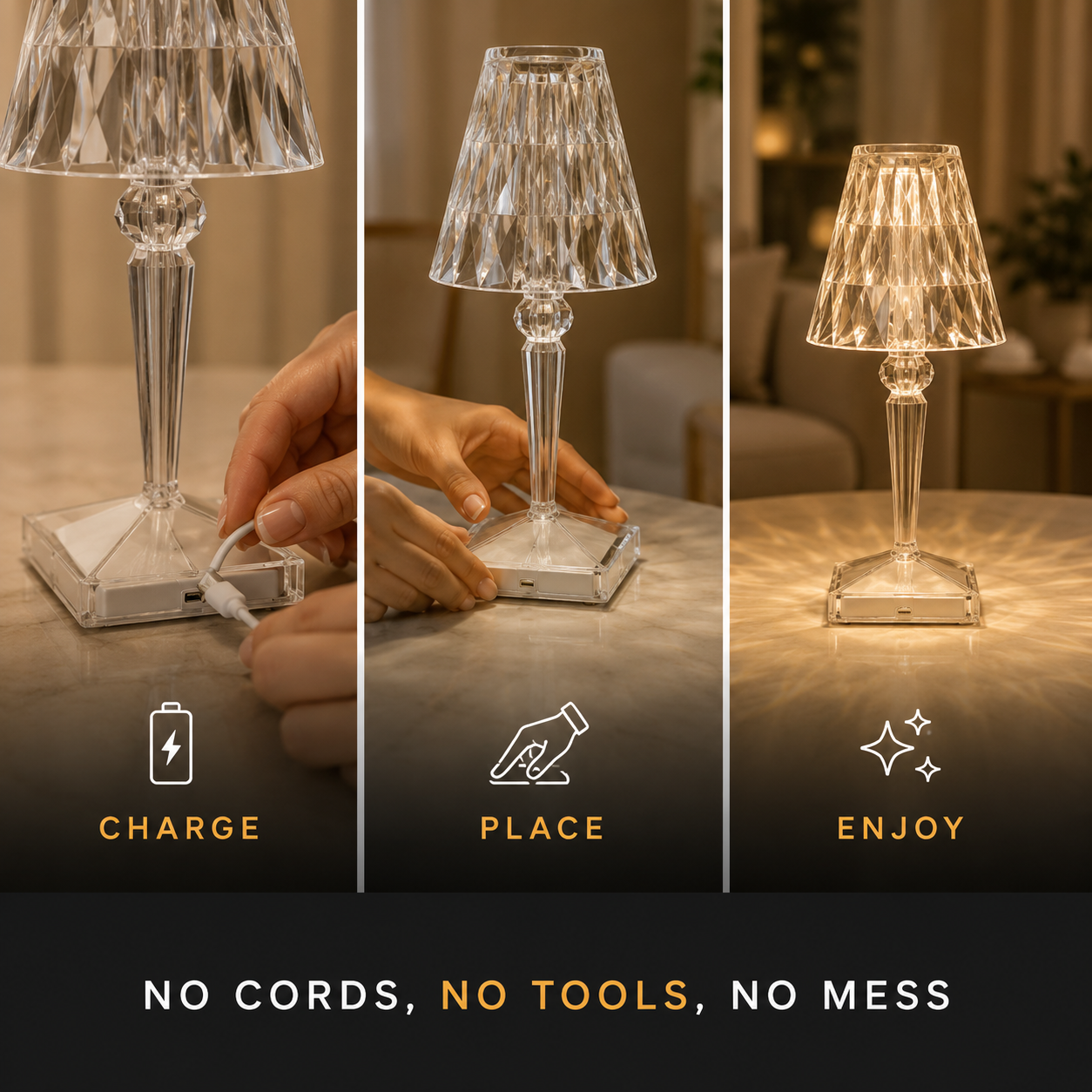 Three-panel table lamp graphic showing a hand touching the base and different illuminated appearances.