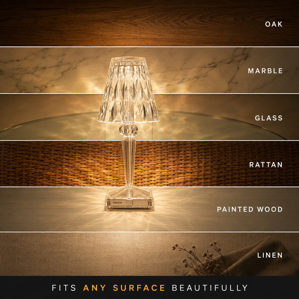 Table lamp shown across several wood surfaces to compare how its warm patterned light reflects on each finish.