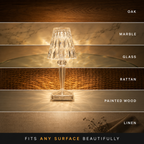 Table lamp shown across several wood surfaces to compare how its warm patterned light reflects on each finish.
