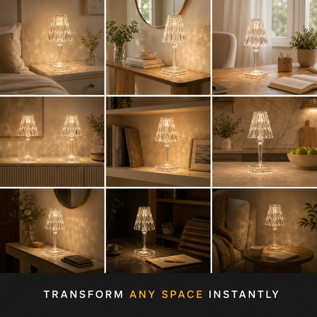 Nine-room grid showing the table lamp glowing on shelves, counters, desks, and bedside surfaces.