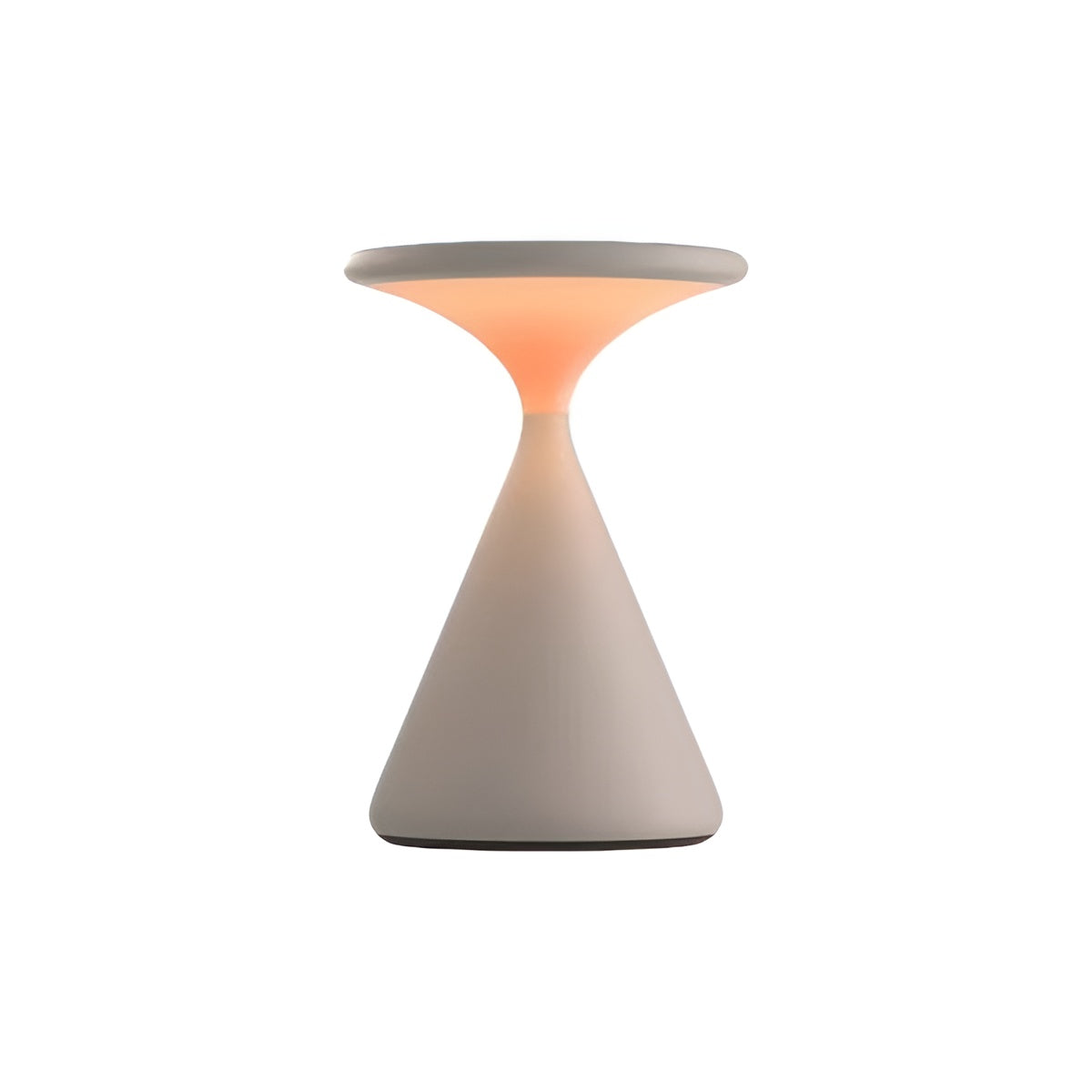 White rechargeable table lamp with a conical base and glowing disc shade.