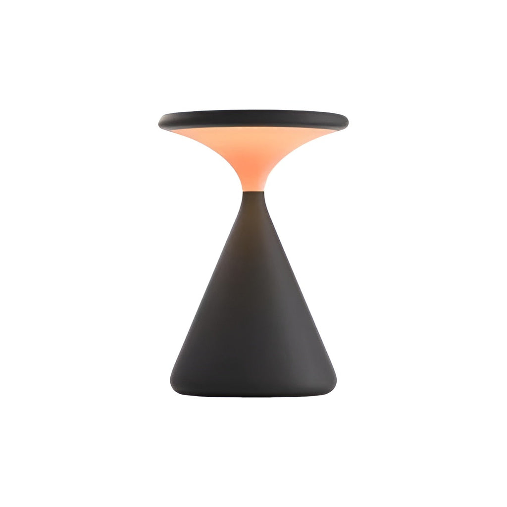 Black rechargeable table lamp with a conical base on a plain background.
