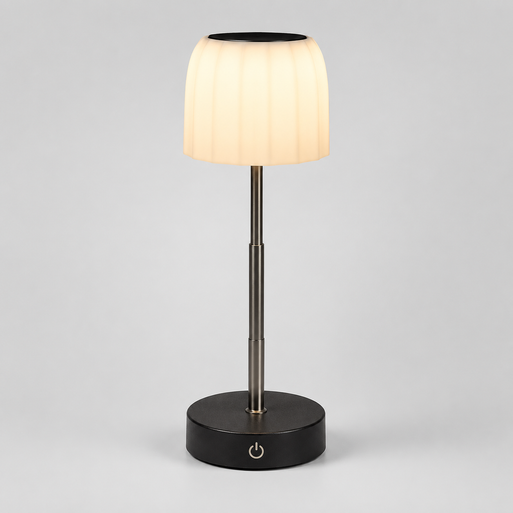 A modern table lamp with a pleated white fabric shade, a brushed metal stem, and a round black base on a light gray background.