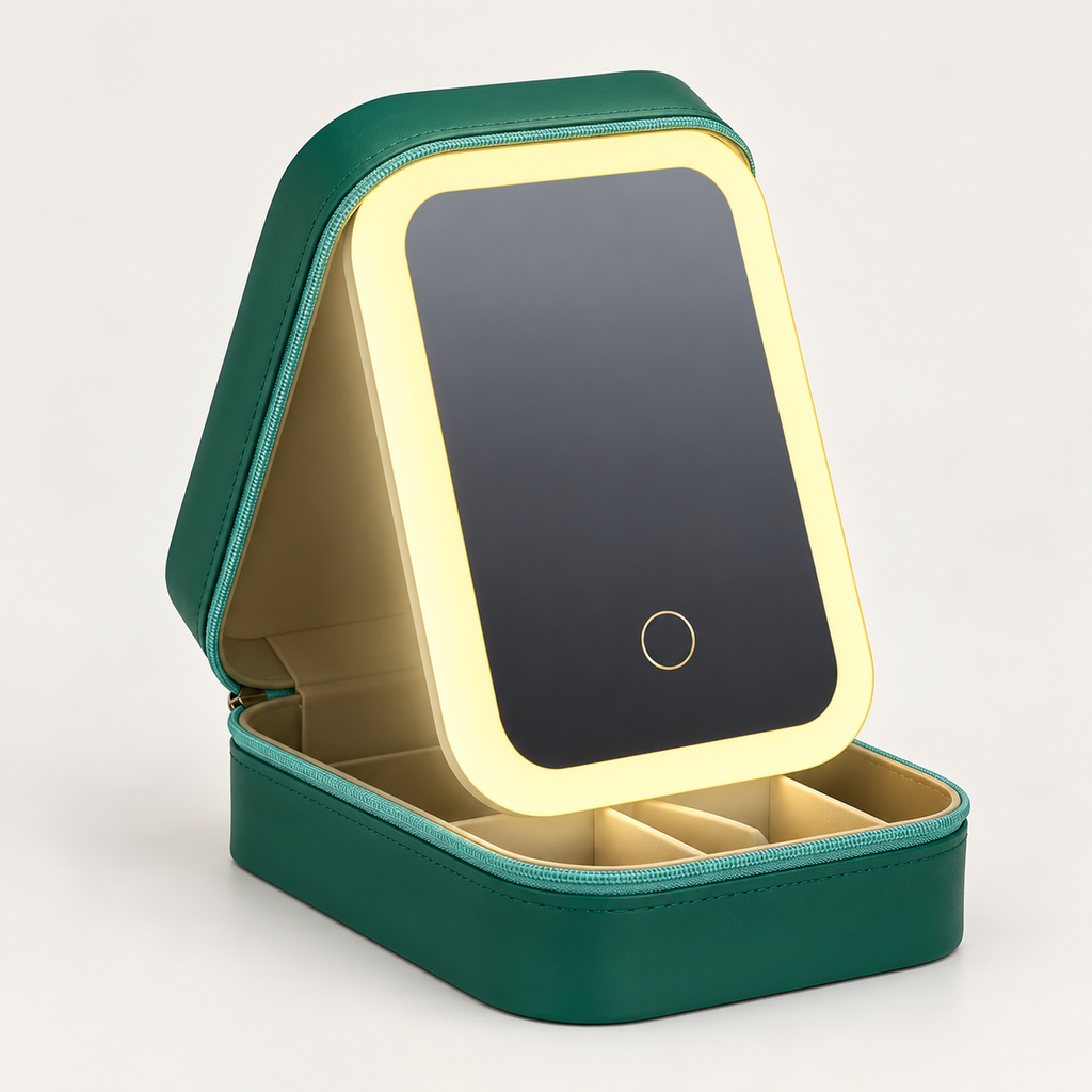 Open green makeup case with softly illuminated touch mirror