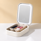 Angled view of the white mirror and inner divided storage