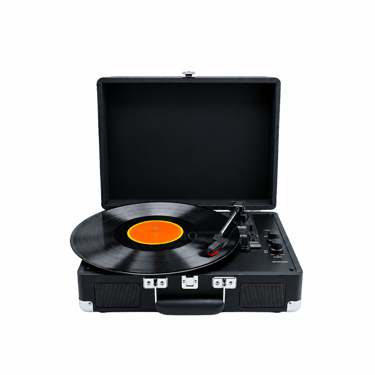 Black rechargeable suitcase record player with open lid