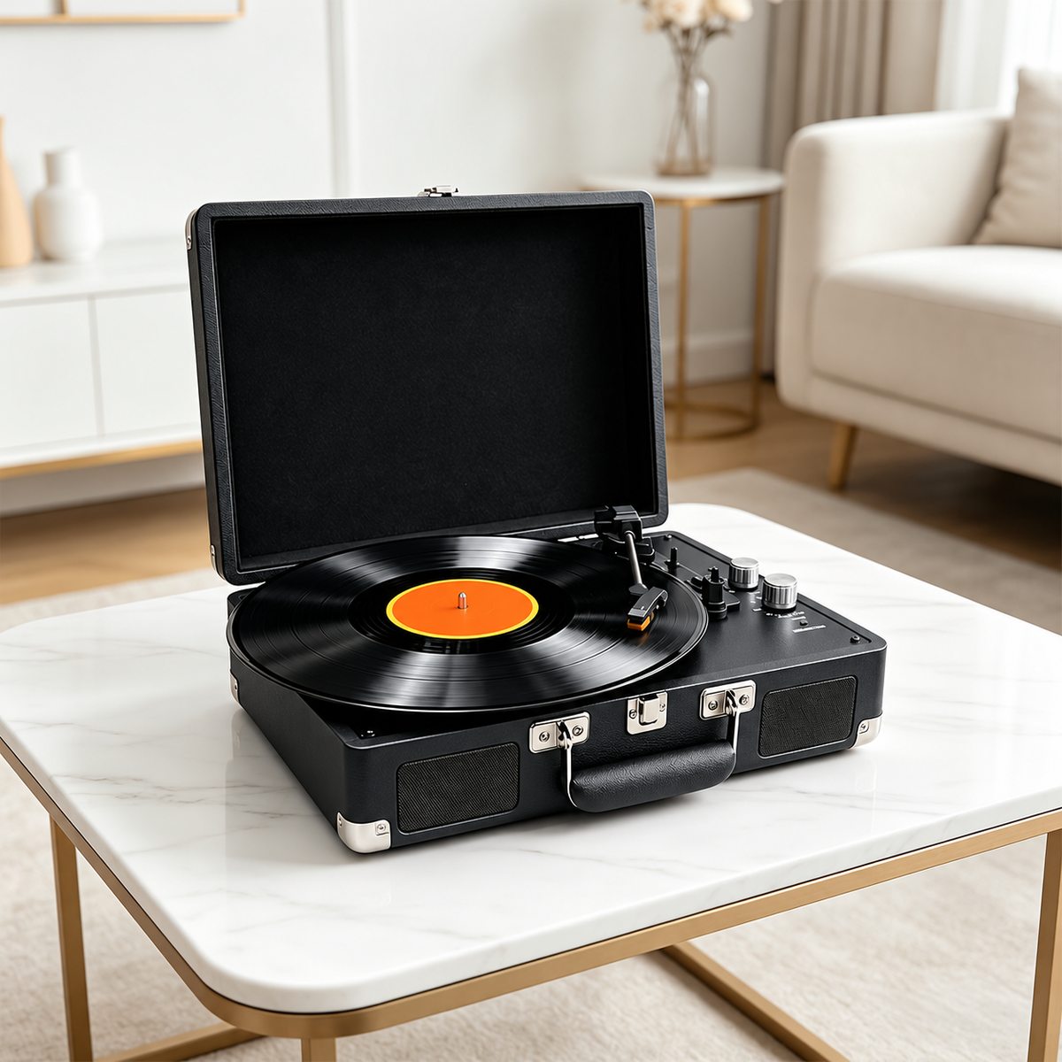Black record player on a light living room table