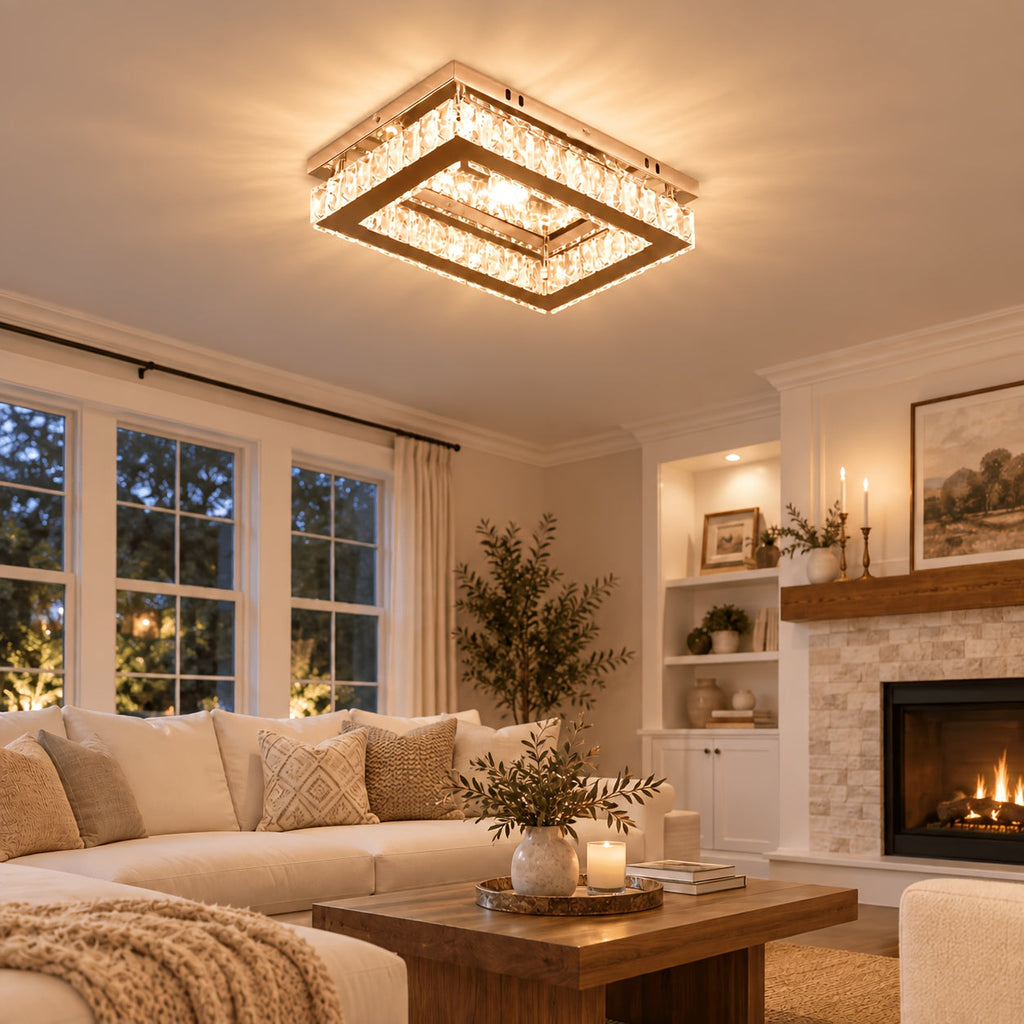 Rectangular crystal LED ceiling light above a neutral living room