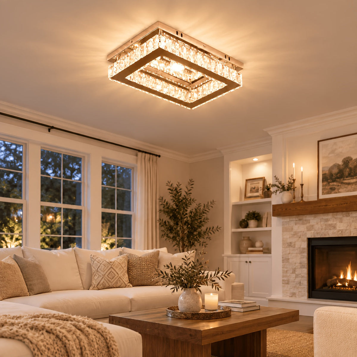 Rectangular crystal LED ceiling light above a neutral living room