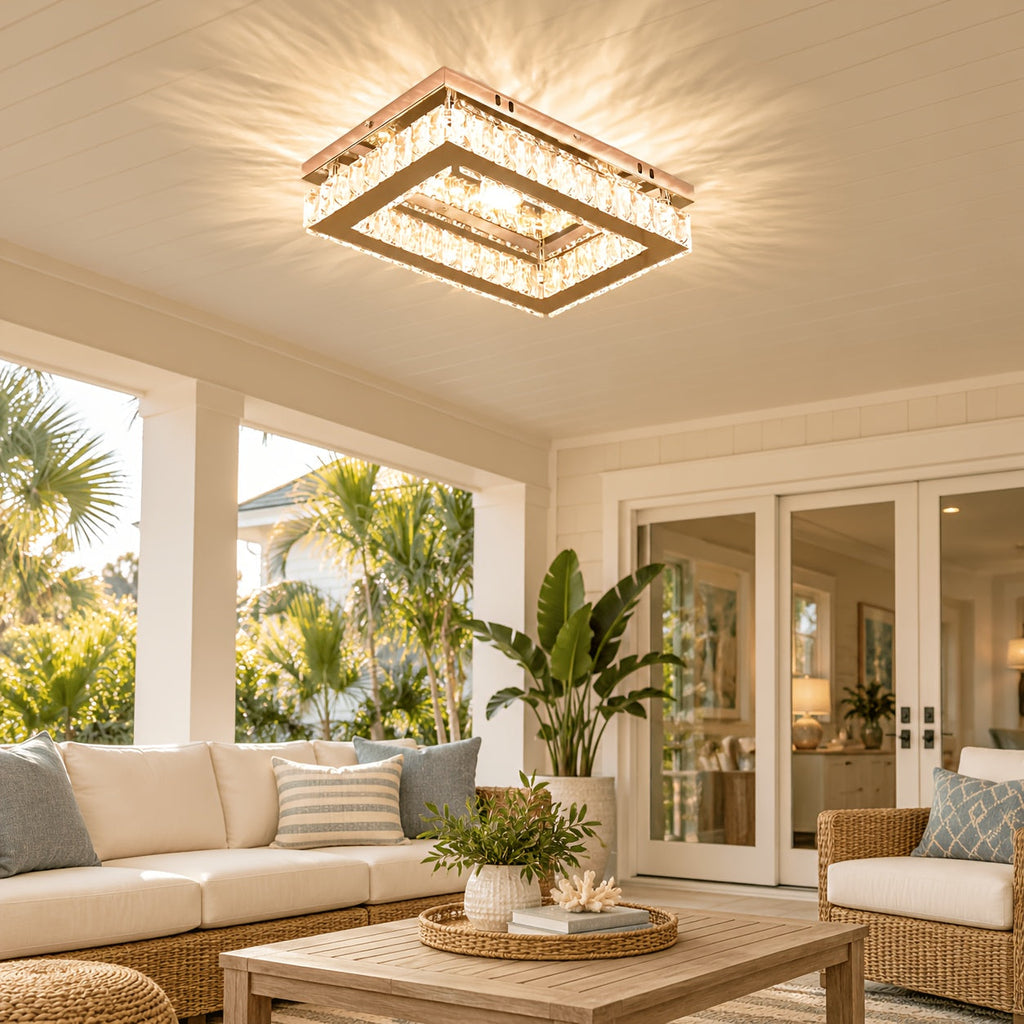 Crystal ceiling fixture in a bright living space