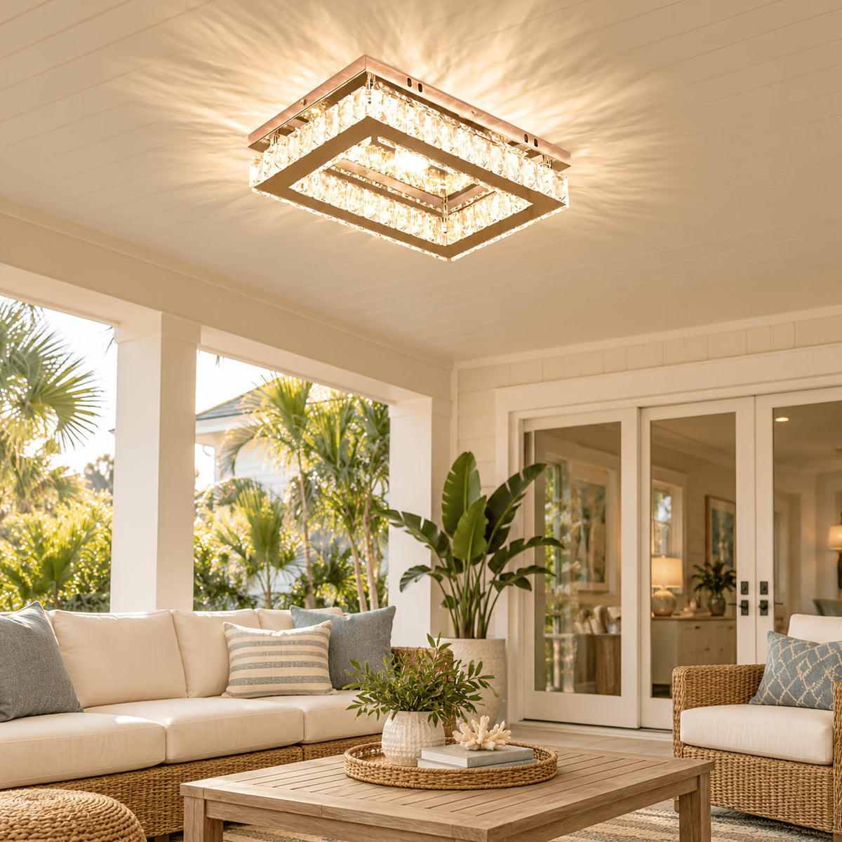 Crystal ceiling fixture in a bright living space