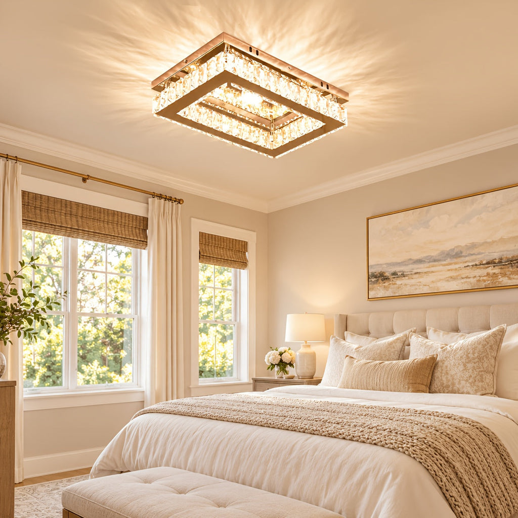 Rectangular warm white crystal light above a bedroom