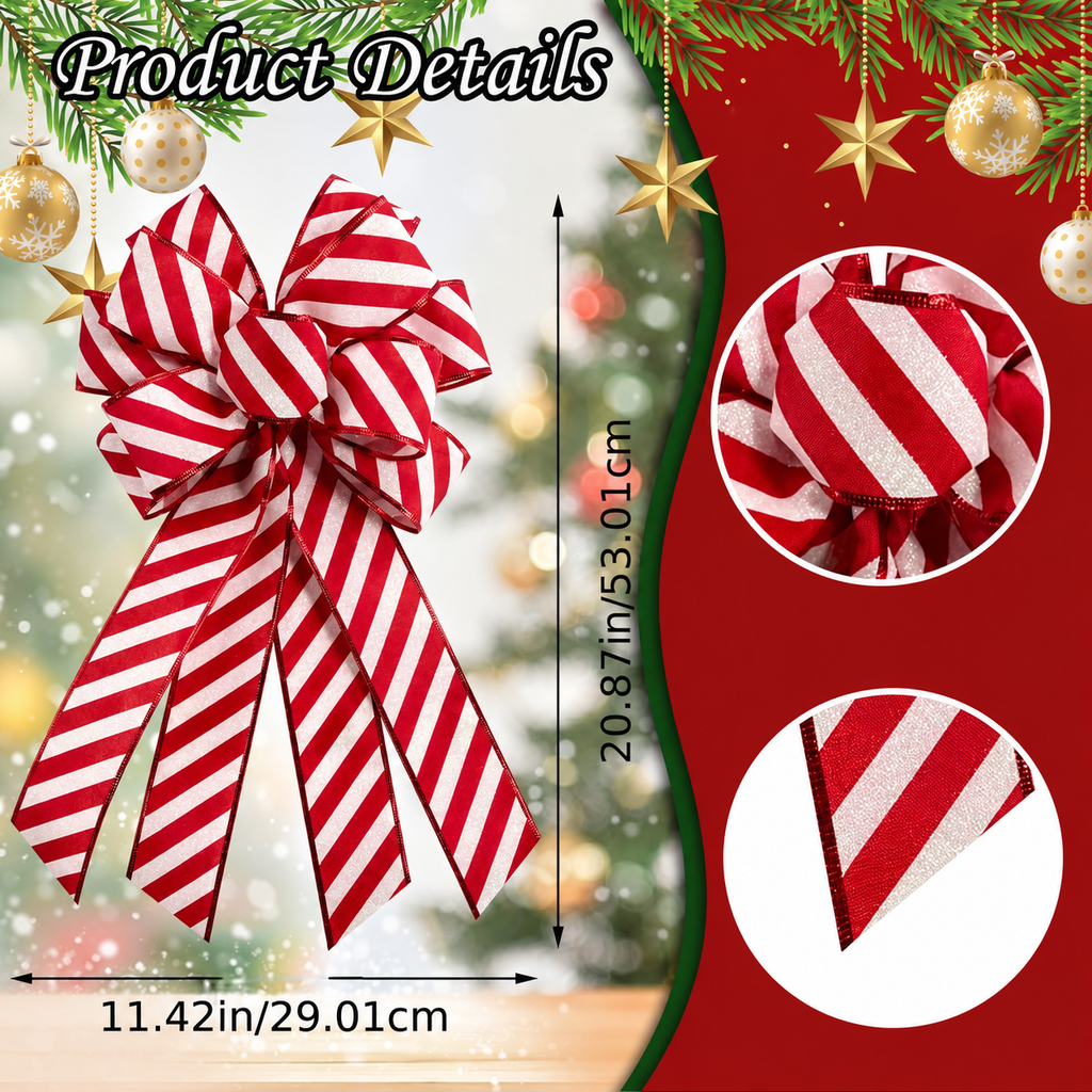 Red And White Striped Christmas Bow — product dimension and ribbon detail diagram
