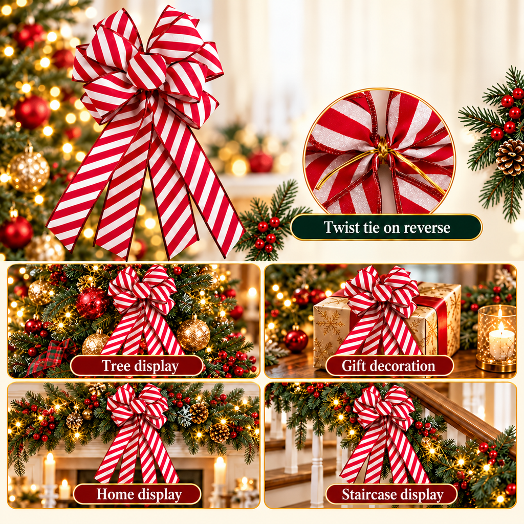 Red And White Striped Christmas Bow — twist tie attachment and decoration examples