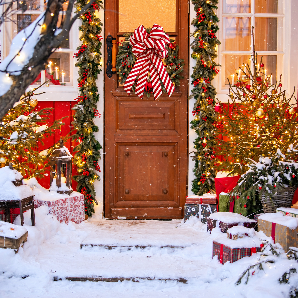 Red And White Striped Christmas Bow — striped bow on a front door