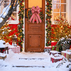 Red And White Striped Christmas Bow — striped bow on a front door