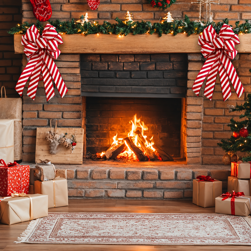 Red And White Striped Christmas Bow — striped bows on a fireplace