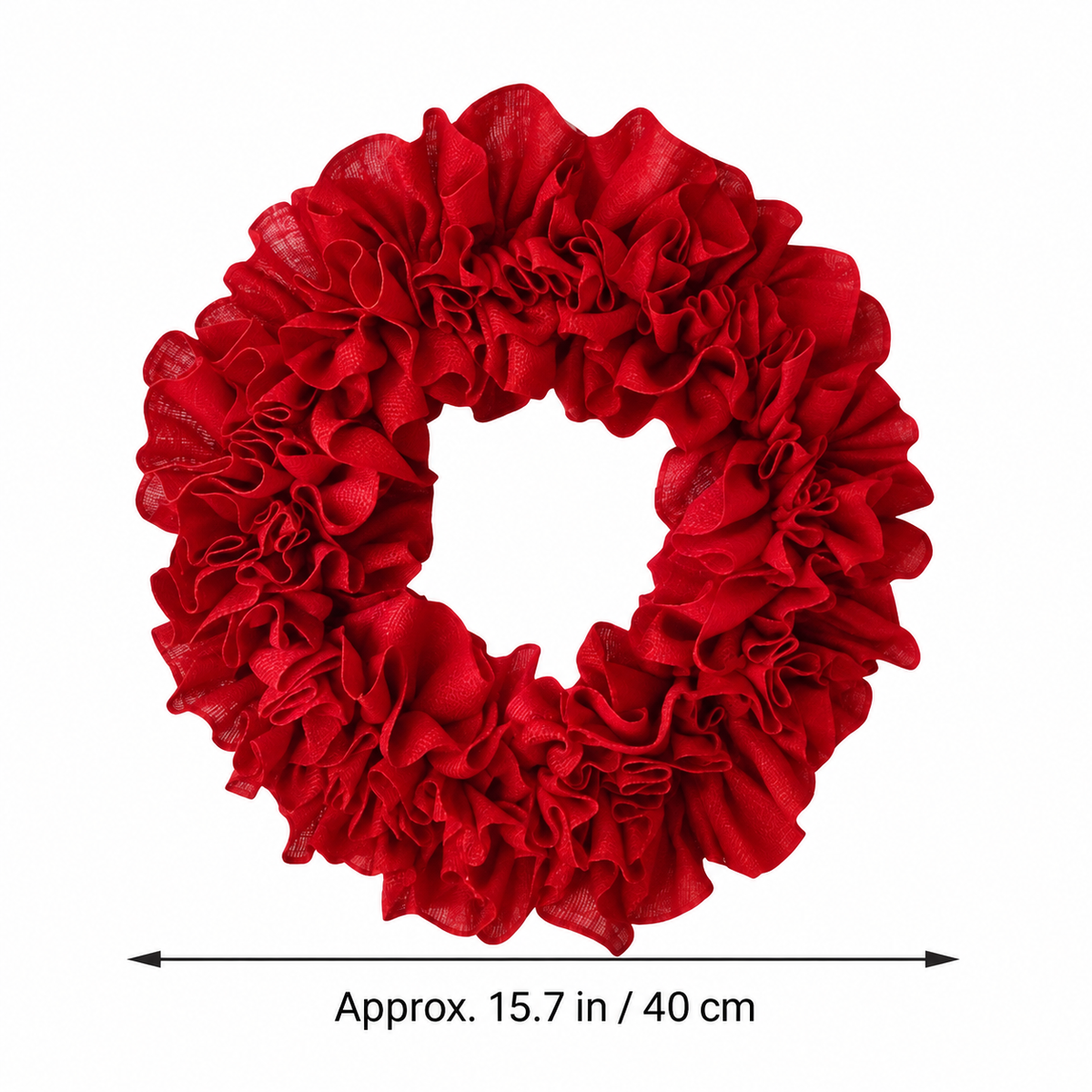 Red ruffle Christmas wreath size guide showing approximately 15.7 inches or 40 centimeters