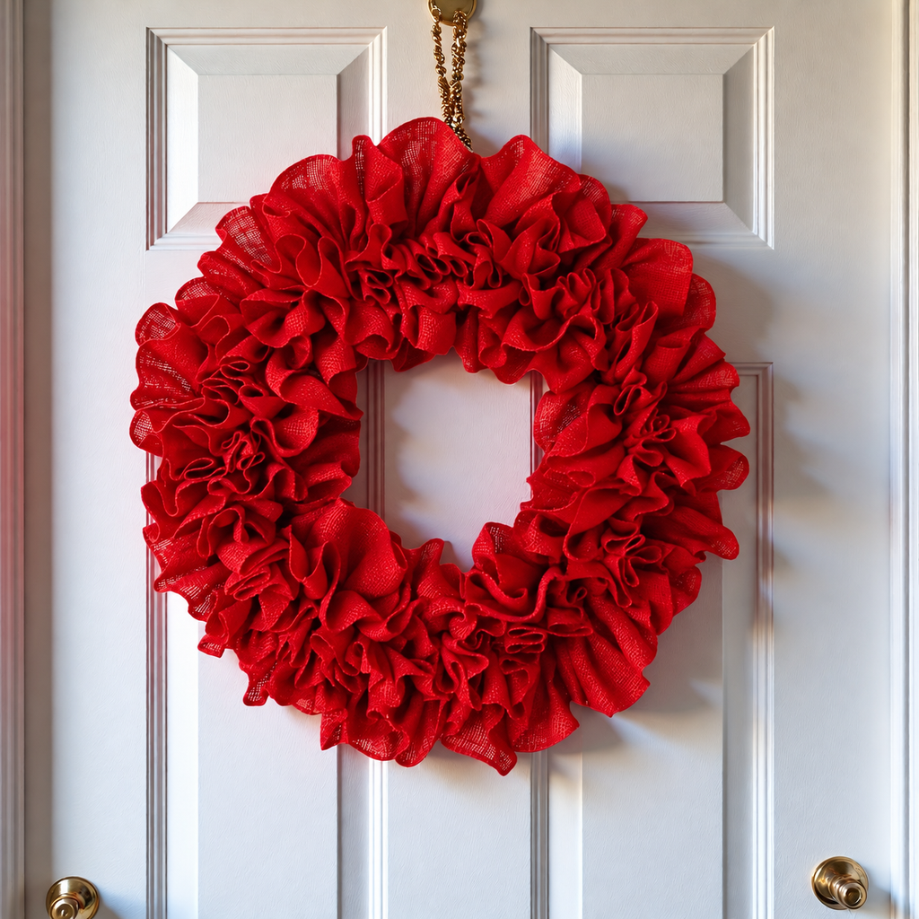 Red ruffle Christmas wreath hanging from a cord on a pale paneled door