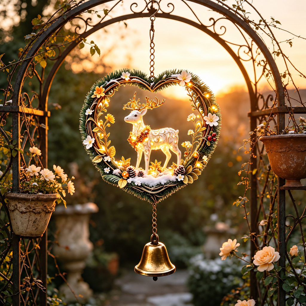 Reindeer heart wind chime with bell hanging from a garden arch