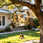 Reindeer heart shaped hanging decoration and bell displayed from a tree branch